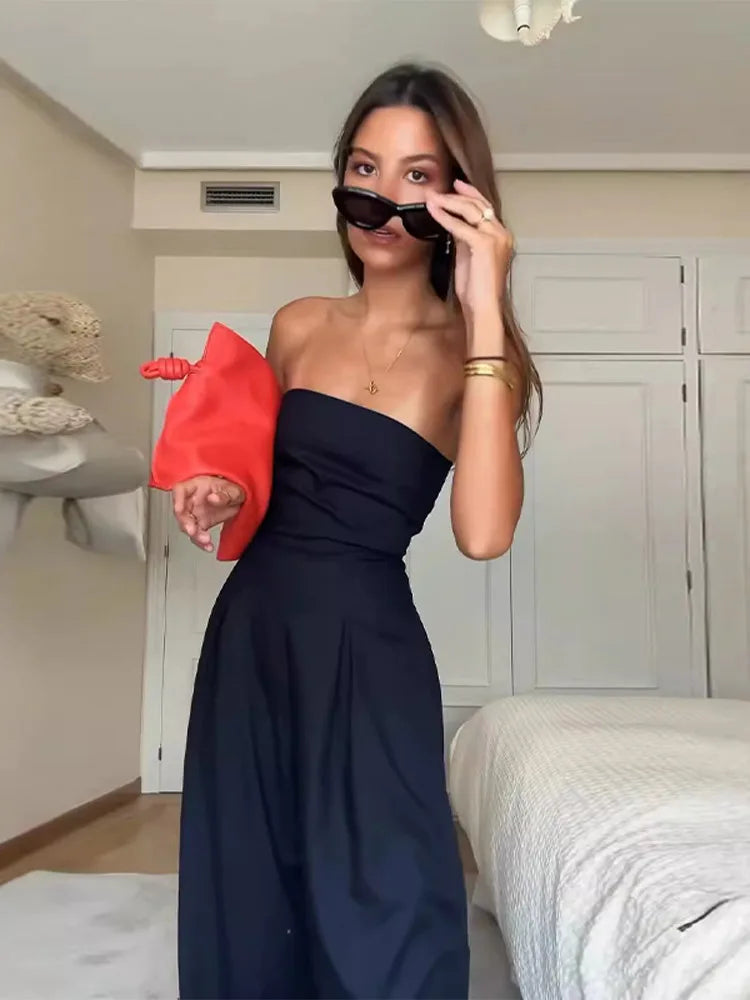 Solid Backless Women's Jumpsuit Solid Off Shoulder Waist Cinching Pockets Wide Leg Pants Lady Bodysuit Summer Female Outwears