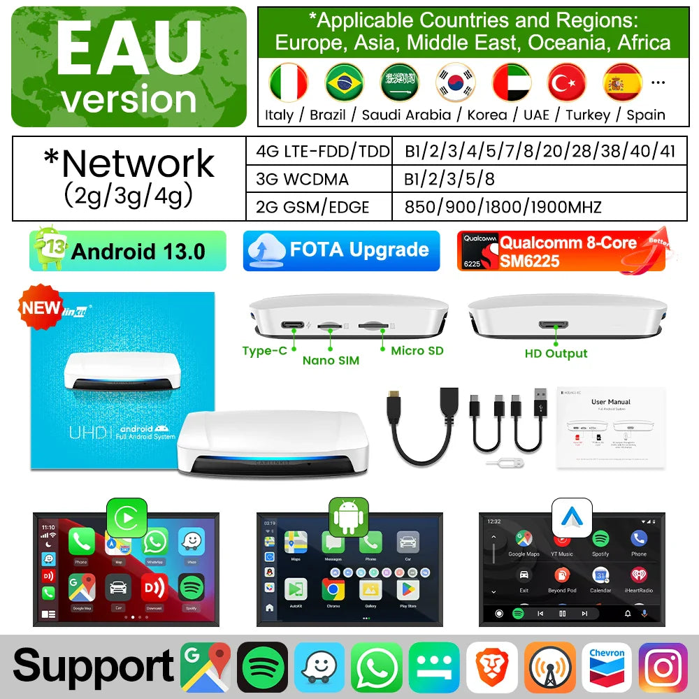 CarlinKit UHD Android 13 Smart TV Box Qualcomm 8-Core Wireless CarPlay Android Auto Adapter GPS HDMI Video Output CarPlay Ai Box
