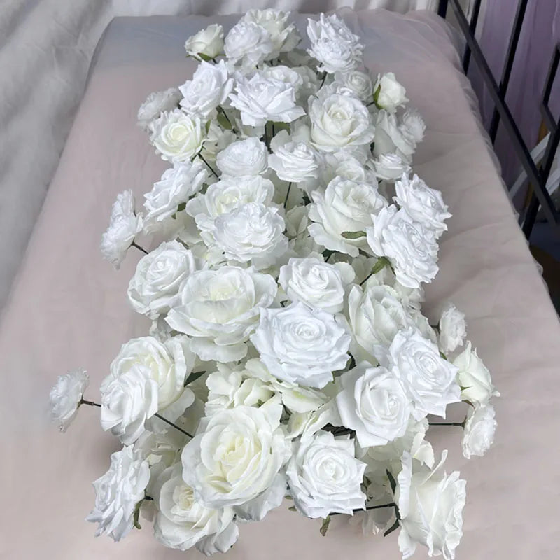 White Rose Artificial Wedding Flowers Wall Iron Arch Backdrop Decor Supplies Fake Silk Rose Row Table Centerpiece Arrange