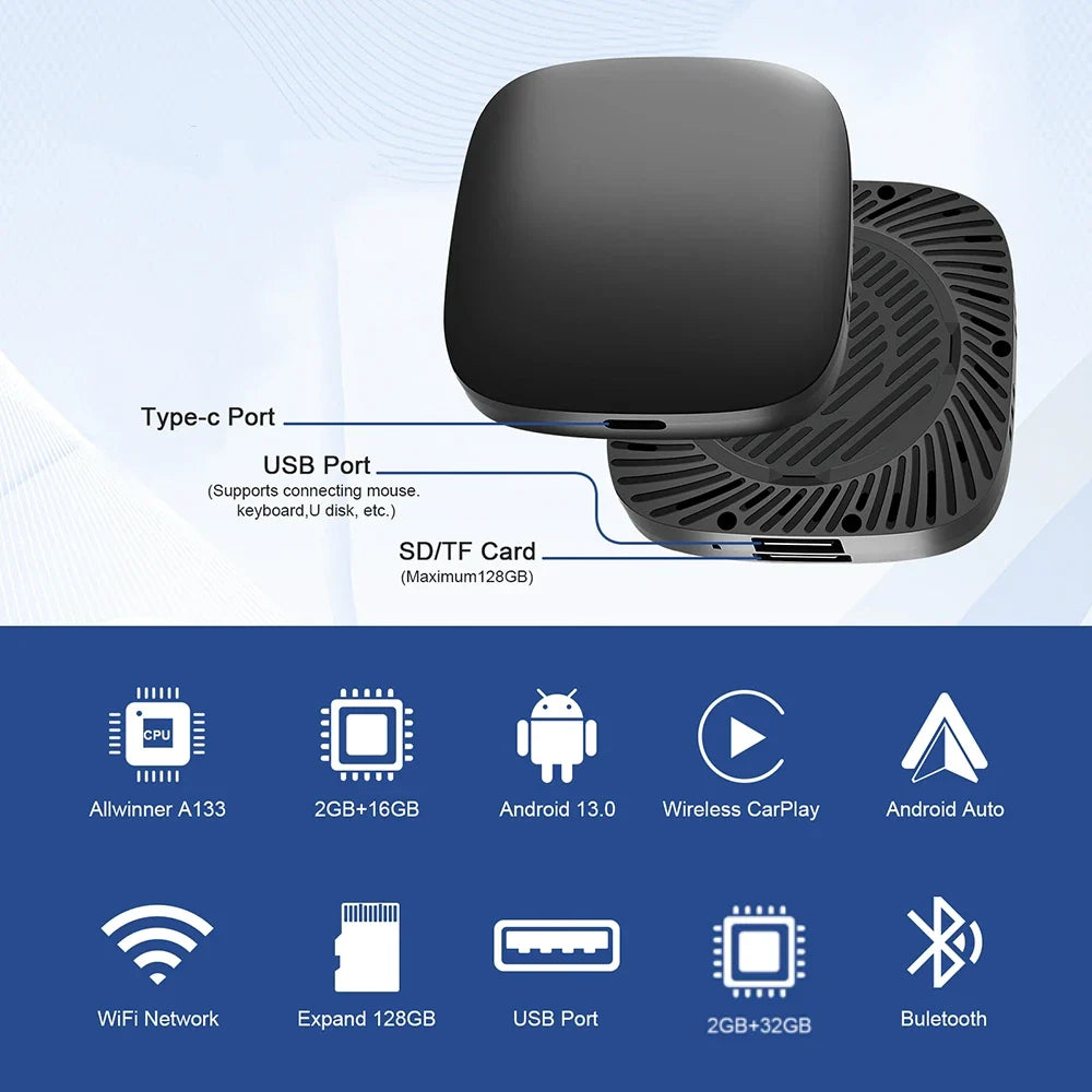 Carplay AI Box Android 13 Wireless Android Auto Smart TV Box For Youtube Netflix Toyota Mazda Hyundai Haval GMC Ford MG VW Kia