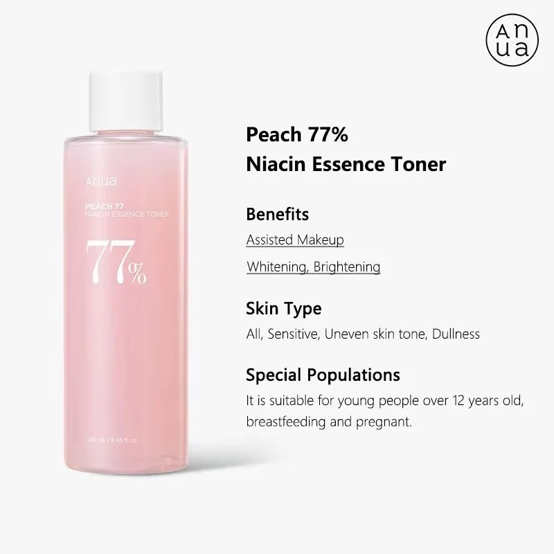 Anua Peach 77% Niacin Essence Toner 250ml and Peach 70% Niacinamide Serum Essence 30ml Moisturizing Ceramide Korean Original