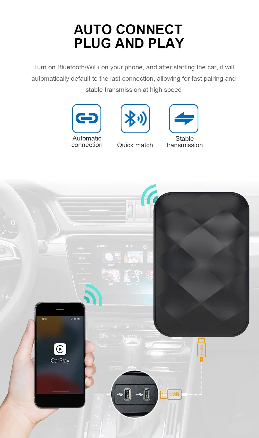 Acodo 2025 Android 14 3In1 CarPlay Ai Box Wireless Android Auto USB Adapter For Youtube Netflix Universal TV Box Plug And Play