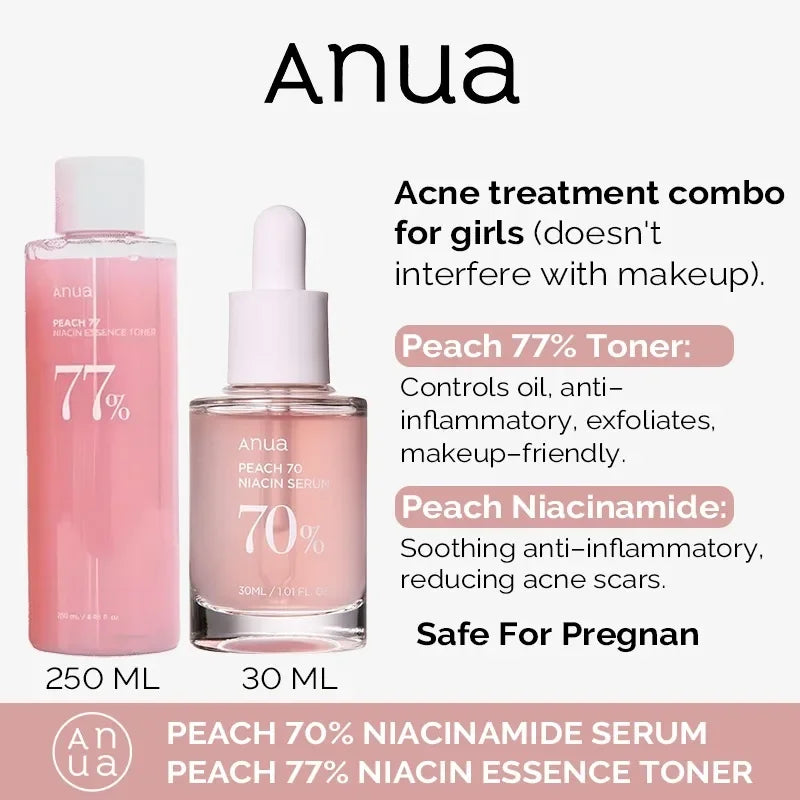 Anua Peach 77% Niacin Essence Toner 250ml and Peach 70% Niacinamide Serum Essence 30ml Moisturizing Ceramide Korean Original