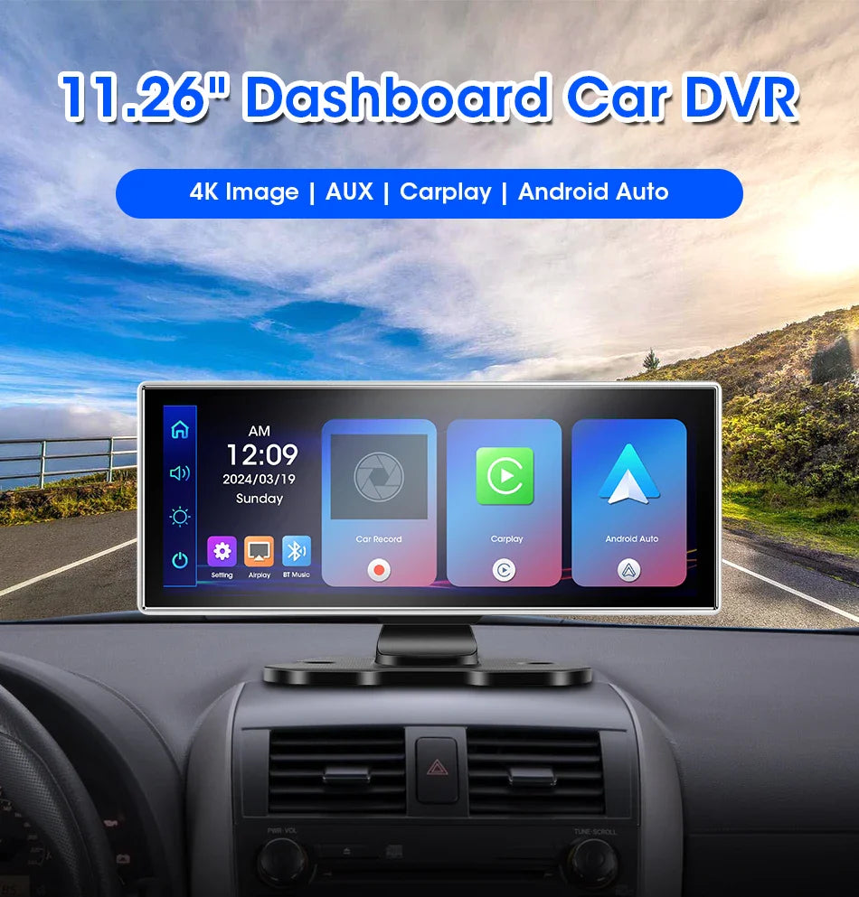 10/11.26 inch Dash Cam 4K Car DVR Wireless Carplay & Android Auto GPS Navigation Video Recorder Dashboard Dual Lens Wifi FM AUX