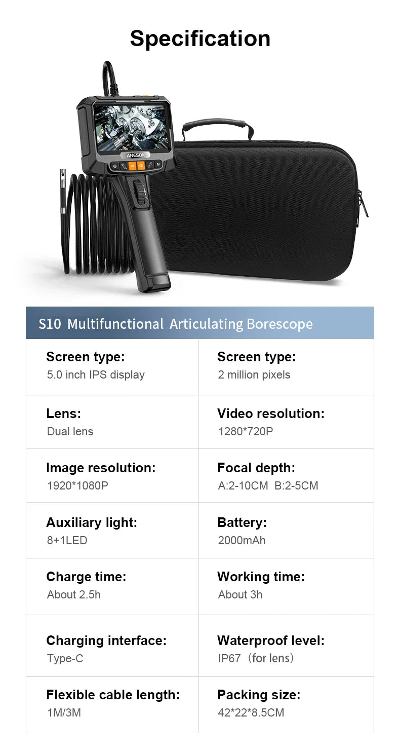 5inch Two-Way 360° Articulating Borescope 1080P Camera with 8LEDS 8.5mm Waterproof Probe industrial inspection visual probe