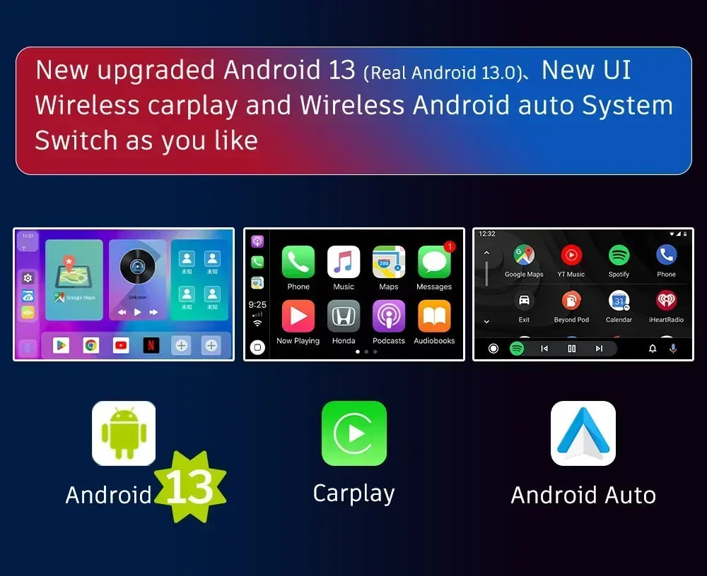 Car Video CarPlay Ai Box Android13 Wired to Wireless CarPlay Android Auto Adapter for Netflix for YouTube Bulit-in Play Store