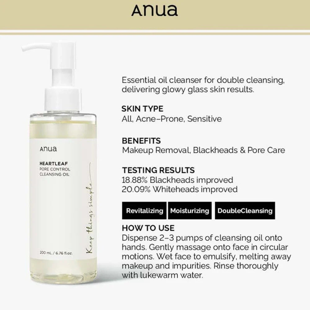 Korean Anua Heartleaf Pore Control Cleansing Oil Moisturizer Skin Care Facial Acne Blackhead Removal Oil 200ml Skincare Products
