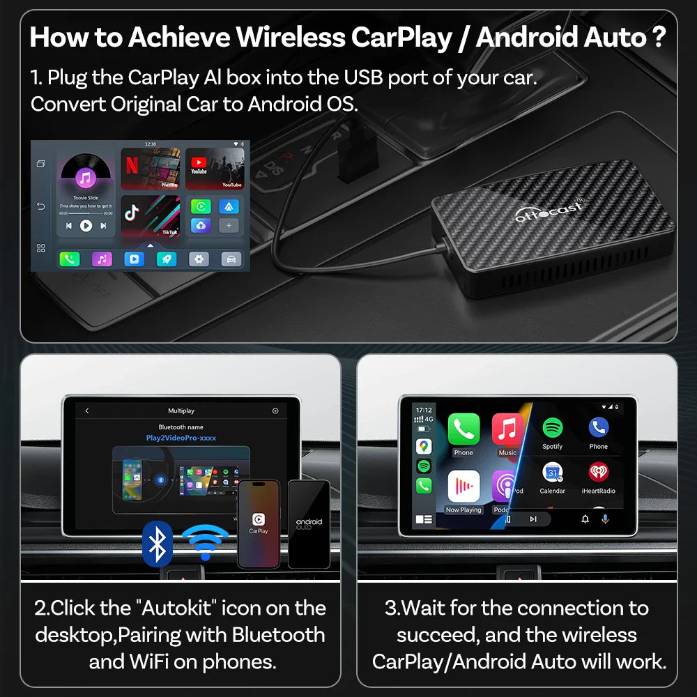 OTTOCAST Play2Video Pro Wireless CarPlay Android Auto Adapter Built in Youtube Netflix IPTV TikTokCar Accessories for Kia Toyota