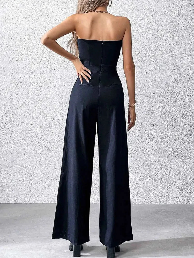 TRZA-Strapless Wide Leg Jumpsuits for Women, Side Pockets, Back Zipper, Female Playsuits, Fashion