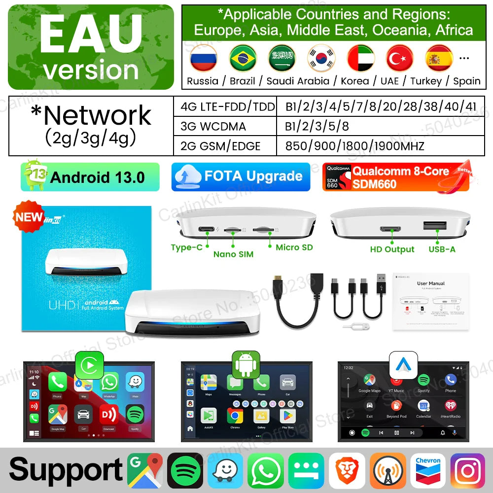 CarlinKit UHD Android 13 Smart TV Box Qualcomm 8-Core Wireless CarPlay Android Auto Adapter GPS HDMI Video Output CarPlay Ai Box