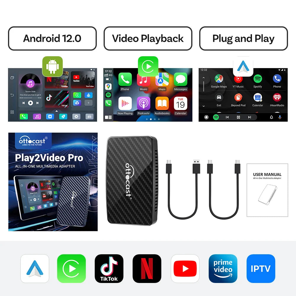 OTTOCAST Play2Video Pro Wireless CarPlay Android Auto Adapter Built in Youtube Netflix IPTV TikTokCar Accessories for Kia Toyota
