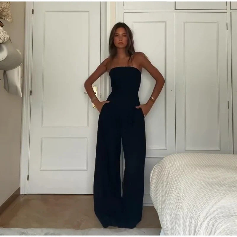 Solid Backless Women's Jumpsuit Solid Off Shoulder Waist Cinching Pockets Wide Leg Pants Lady Bodysuit Summer Female Outwears