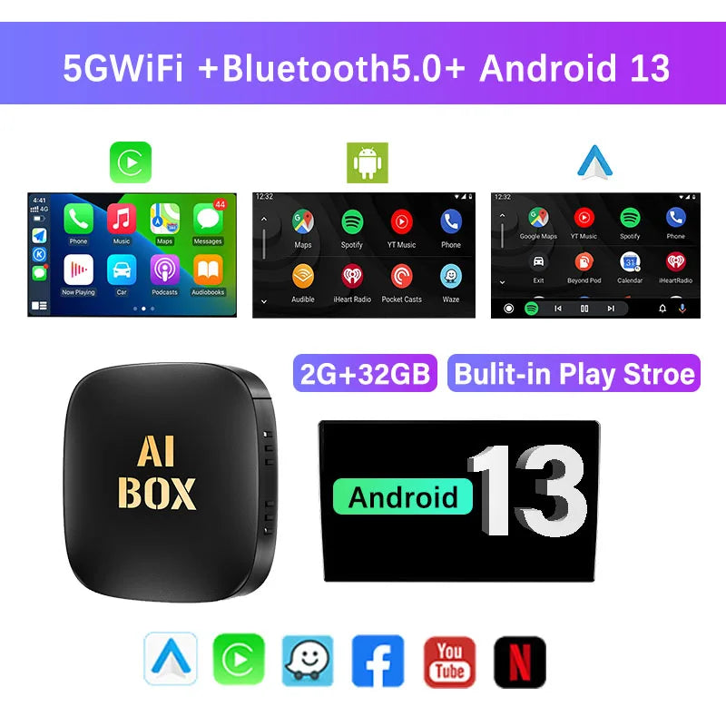 Car Video CarPlay Ai Box Android13 Wired to Wireless CarPlay Android Auto Adapter for Netflix for YouTube Bulit-in Play Store