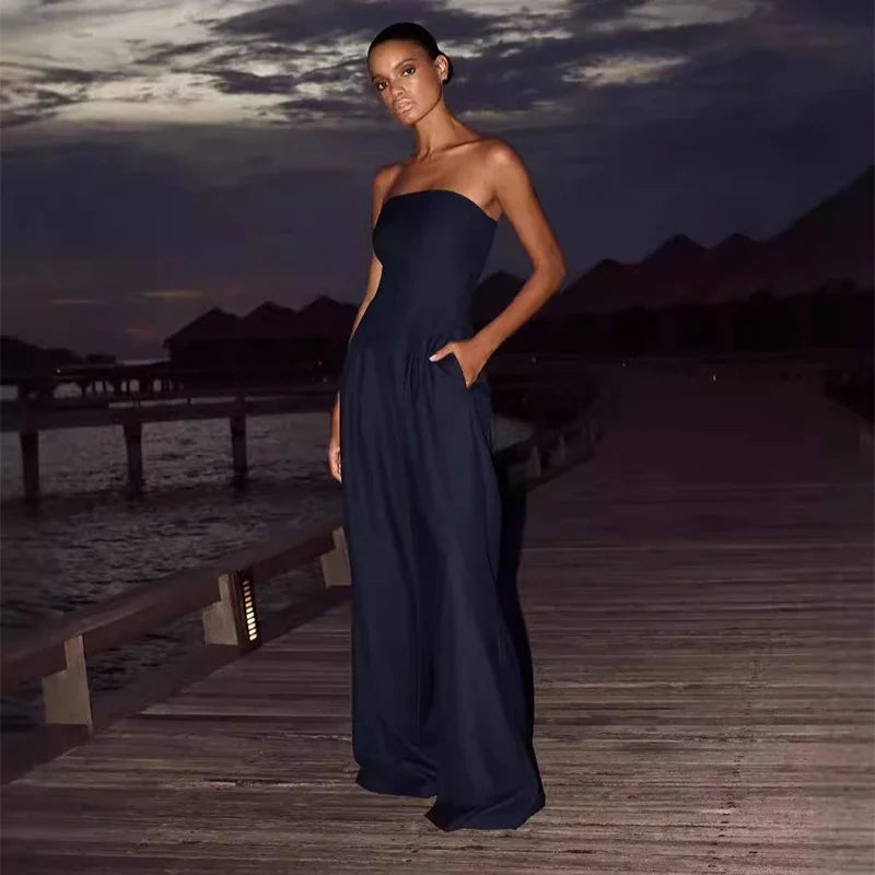 Solid Backless Women's Jumpsuit Solid Off Shoulder Waist Cinching Pockets Wide Leg Pants Lady Bodysuit Summer Female Outwears