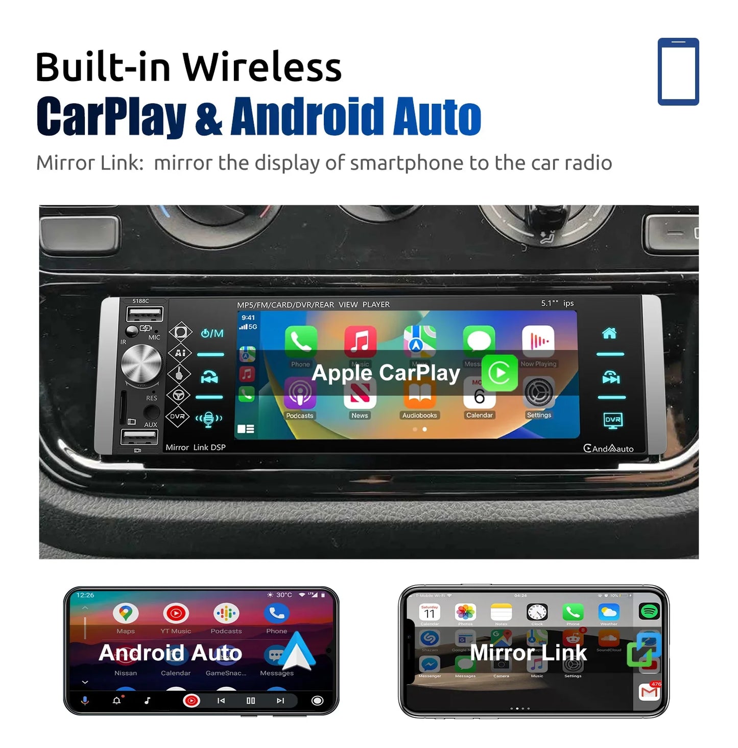 ESSGOO Single DIN Car Stereo Head Unit Wireless Carplay Android Auto 5" HD Touch Screen Bluetooth USB AUX-IN TF FM MP5 Player