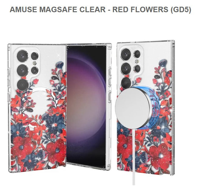 Amuse Meagsafe Clear Mobile Cover For Samsung S24Ultra-Red Flowers