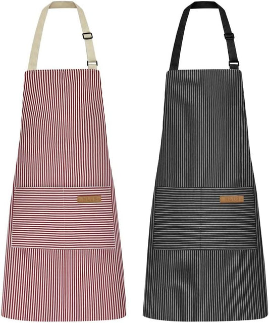 NLUS 2 Pack Kitchen Cooking Aprons, Adjustable Bib Soft Chef Apron with 2 Pockets for Men Women (Black Pinstripes/Pink Pinstripes)