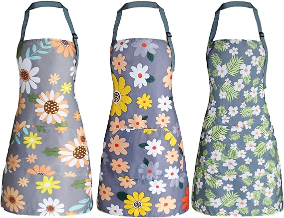 Apron for Women with Pockets, Adjustable Waterproof Floral Chef Aprons for Kitchen, Gardening, Cooking, BBQ or Baking