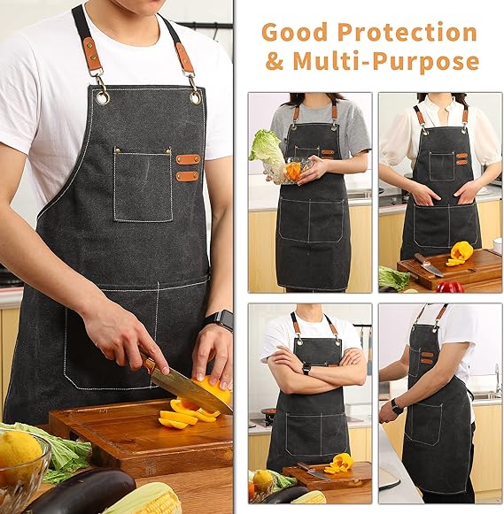 Tosewever Canvas Cross Back Chef Cotton Aprons for Men Women with Large Pockets