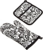 DII Quilted Kitchen Oven Mitt & Potholder Set, Hanging Loop for Convenient Storage, OM 6.5x12/PH 8x8.5, Black Damask Print, 2 Piece