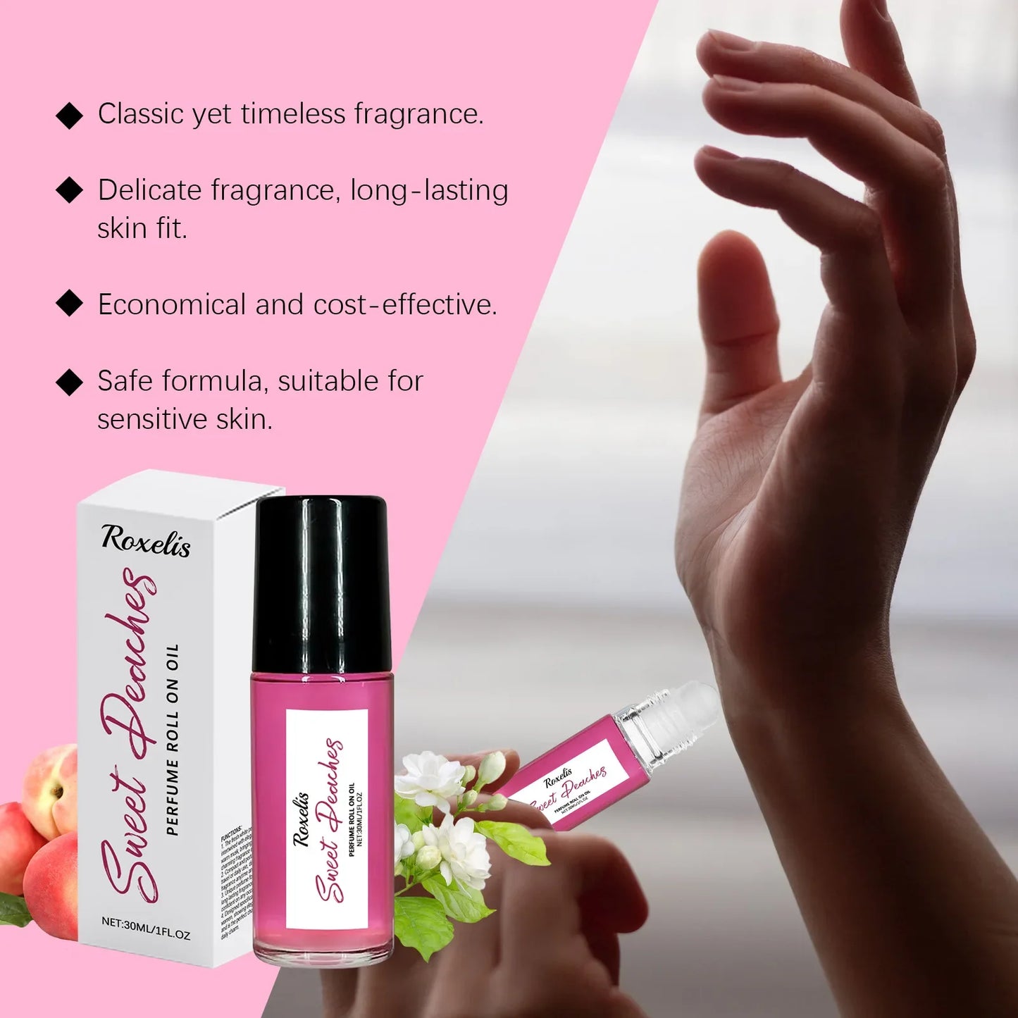 Roxelis 30ml Pheromone Perfume Roller Ball Long Lasting Peach Fragrance Oil Armpit Odor Remover Dating Scent Charming Perfume