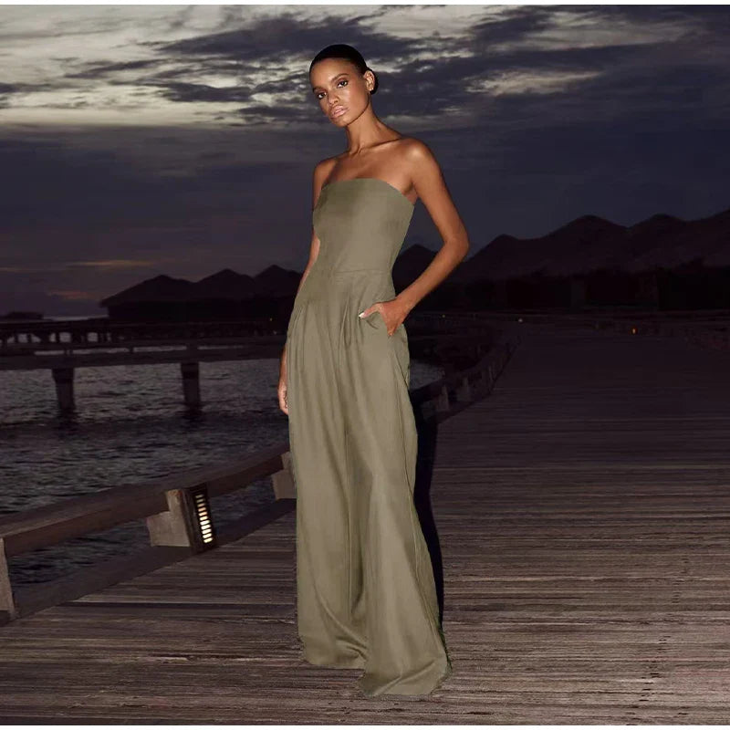 Solid Backless Women's Jumpsuit Solid Off Shoulder Waist Cinching Pockets Wide Leg Pants Lady Bodysuit Summer Female Outwears