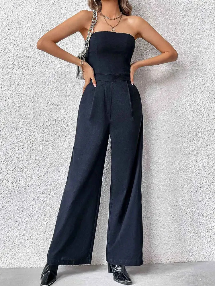 TRZA-Strapless Wide Leg Jumpsuits for Women, Side Pockets, Back Zipper, Female Playsuits, Fashion