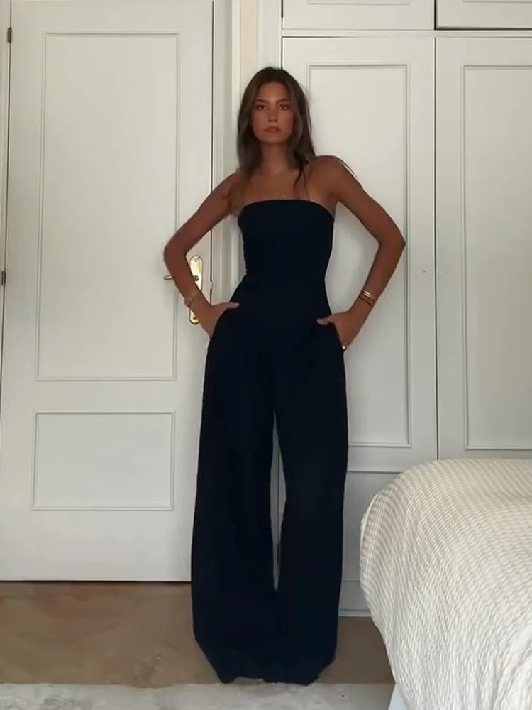 Solid Backless Women's Jumpsuit Solid Off Shoulder Waist Cinching Pockets Wide Leg Pants Lady Bodysuit Summer Female Outwears