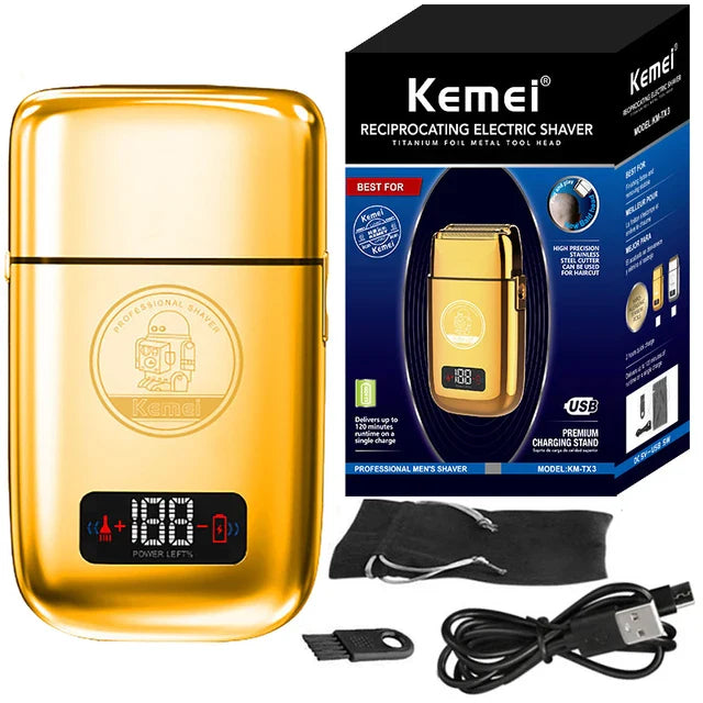 Hot Sale Kemei Km-Tx3 2021new design Anti Pinch Hair Product Electric Gold Metal Body Shaving Usb Charging Reciprocating Shaver