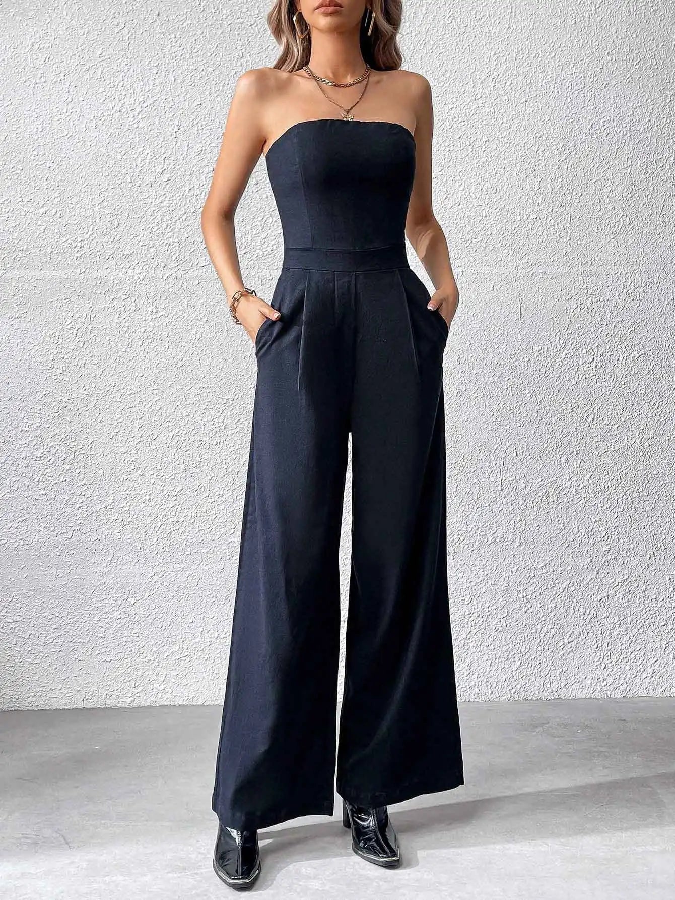 TRZA-Strapless Wide Leg Jumpsuits for Women, Side Pockets, Back Zipper, Female Playsuits, Fashion