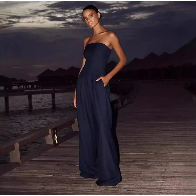Solid Backless Women's Jumpsuit Solid Off Shoulder Waist Cinching Pockets Wide Leg Pants Lady Bodysuit Summer Female Outwears