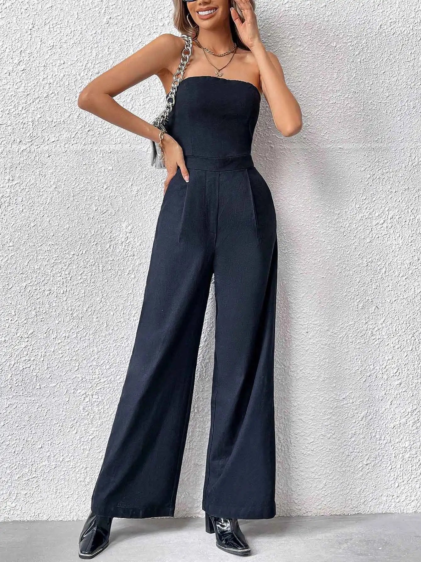 TRZA-Strapless Wide Leg Jumpsuits for Women, Side Pockets, Back Zipper, Female Playsuits, Fashion