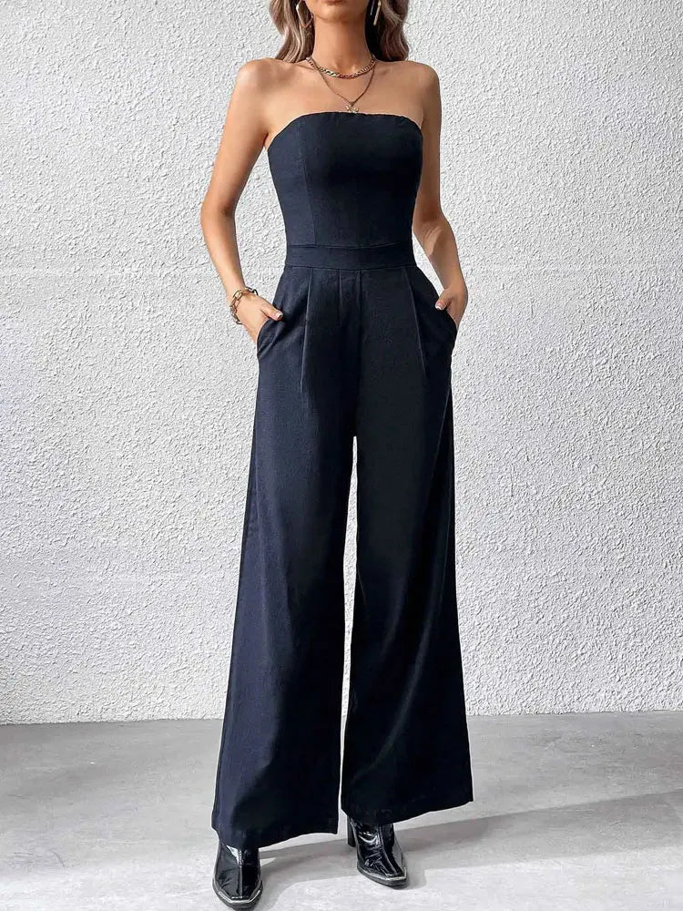 TRZA-Strapless Wide Leg Jumpsuits for Women, Side Pockets, Back Zipper, Female Playsuits, Fashion