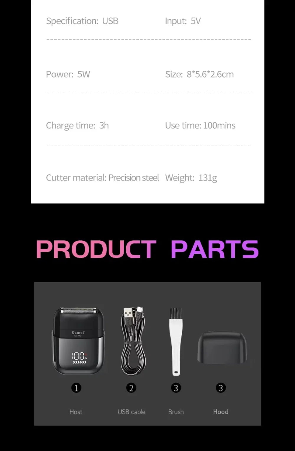 Kemei KM-T82 Usb Reciprocating Electric Shaver Washable Digital Display Professional Electric Portable Travel beard trimmer