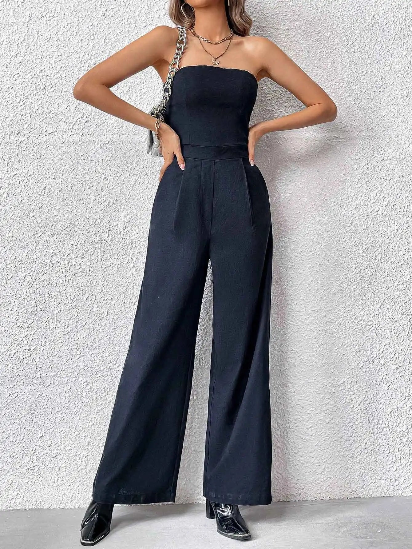TRZA-Strapless Wide Leg Jumpsuits for Women, Side Pockets, Back Zipper, Female Playsuits, Fashion