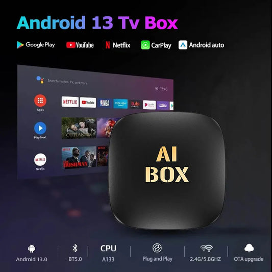 Car Video CarPlay Ai Box Android13 Wired to Wireless CarPlay Android Auto Adapter for Netflix for YouTube Bulit-in Play Store