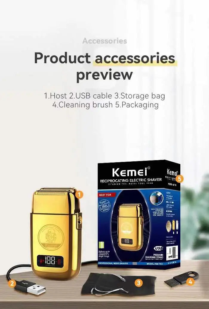Hot Sale Kemei Km-Tx3 2021new design Anti Pinch Hair Product Electric Gold Metal Body Shaving Usb Charging Reciprocating Shaver