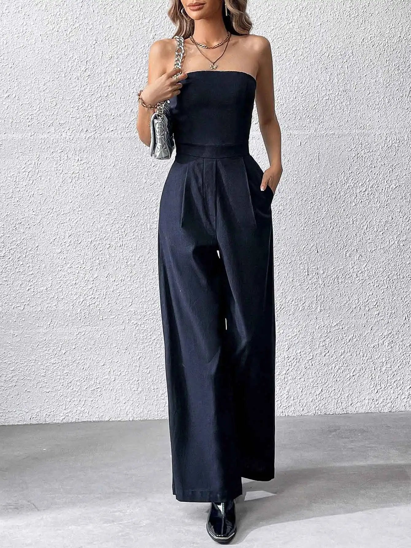 TRZA-Strapless Wide Leg Jumpsuits for Women, Side Pockets, Back Zipper, Female Playsuits, Fashion
