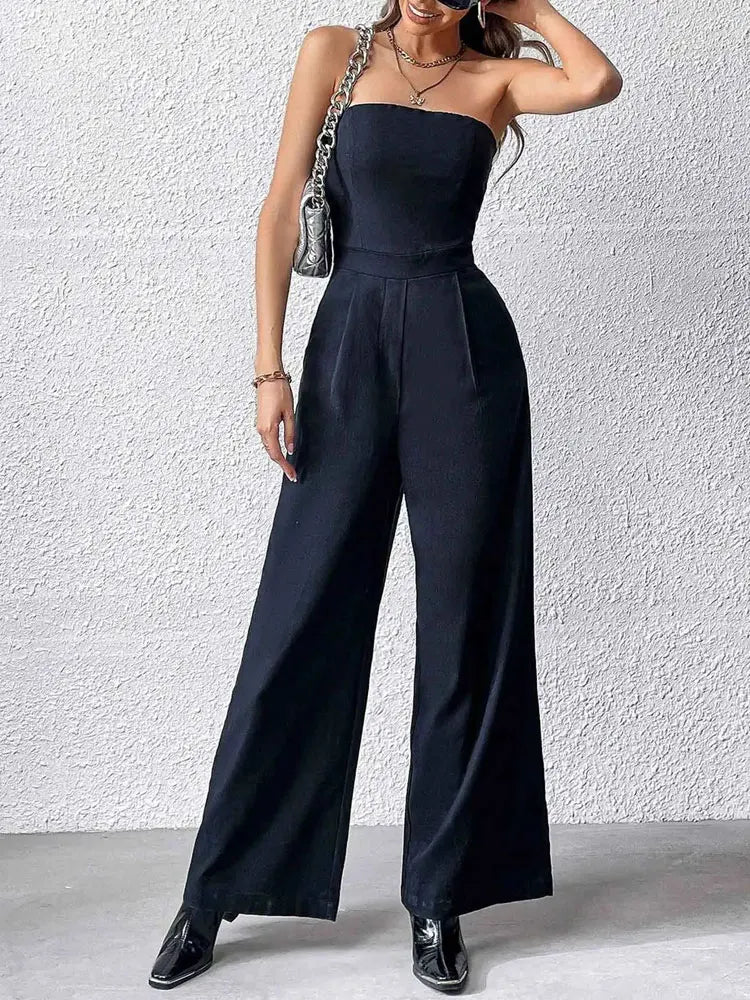 TRZA-Strapless Wide Leg Jumpsuits for Women, Side Pockets, Back Zipper, Female Playsuits, Fashion