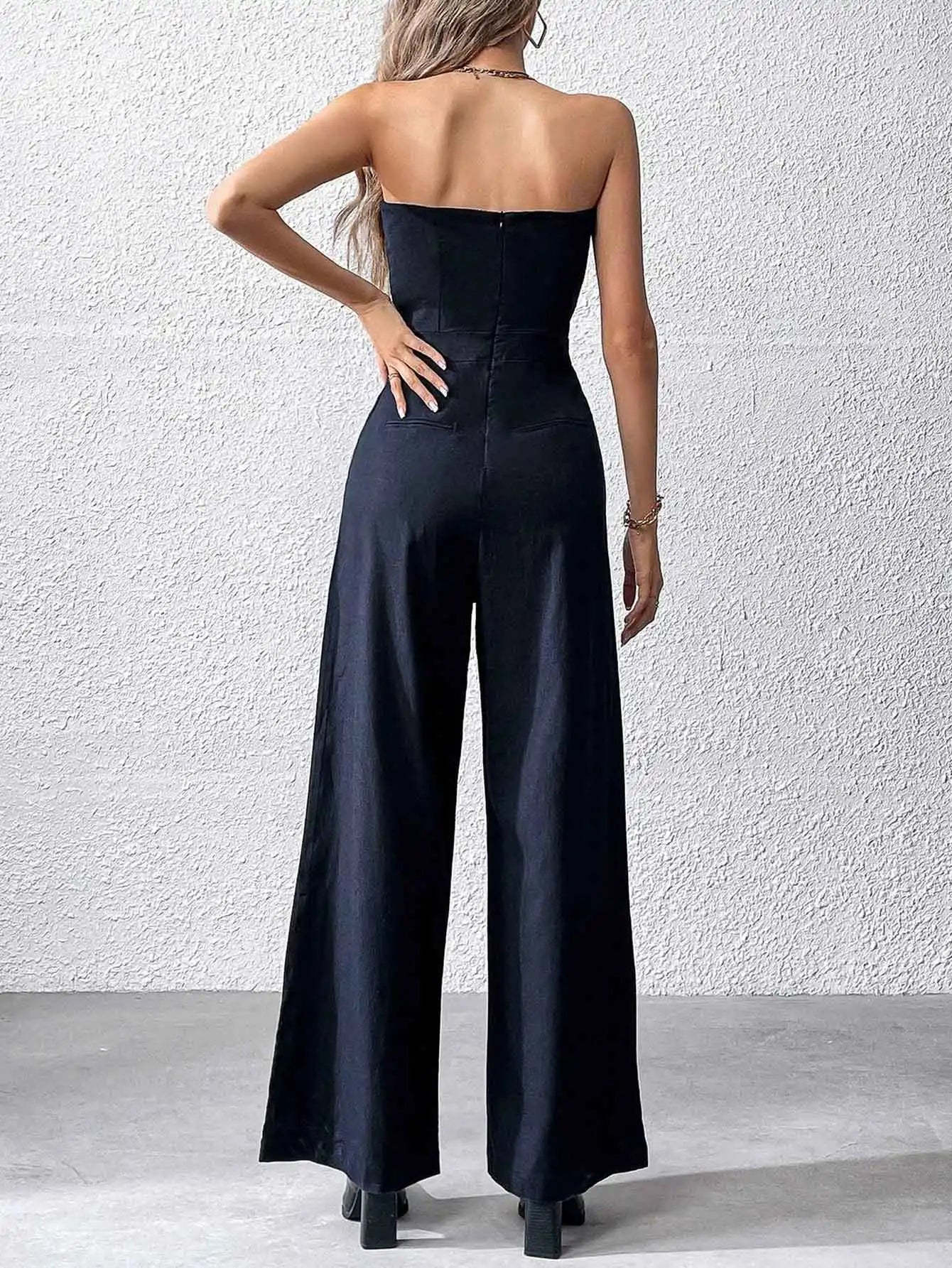 TRZA-Strapless Wide Leg Jumpsuits for Women, Side Pockets, Back Zipper, Female Playsuits, Fashion