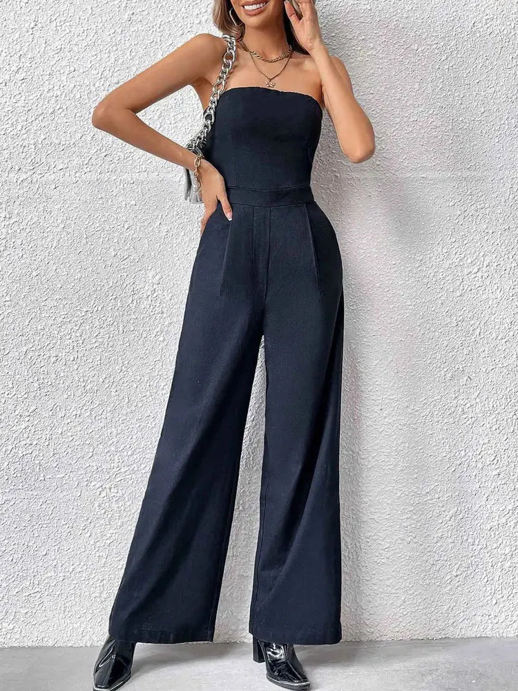 TRZA-Strapless Wide Leg Jumpsuits for Women, Side Pockets, Back Zipper, Female Playsuits, Fashion