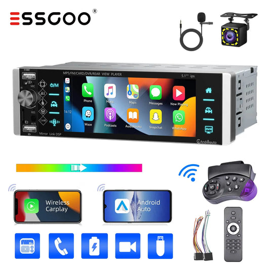 ESSGOO Single DIN Car Stereo Head Unit Wireless Carplay Android Auto 5" HD Touch Screen Bluetooth USB AUX-IN TF FM MP5 Player