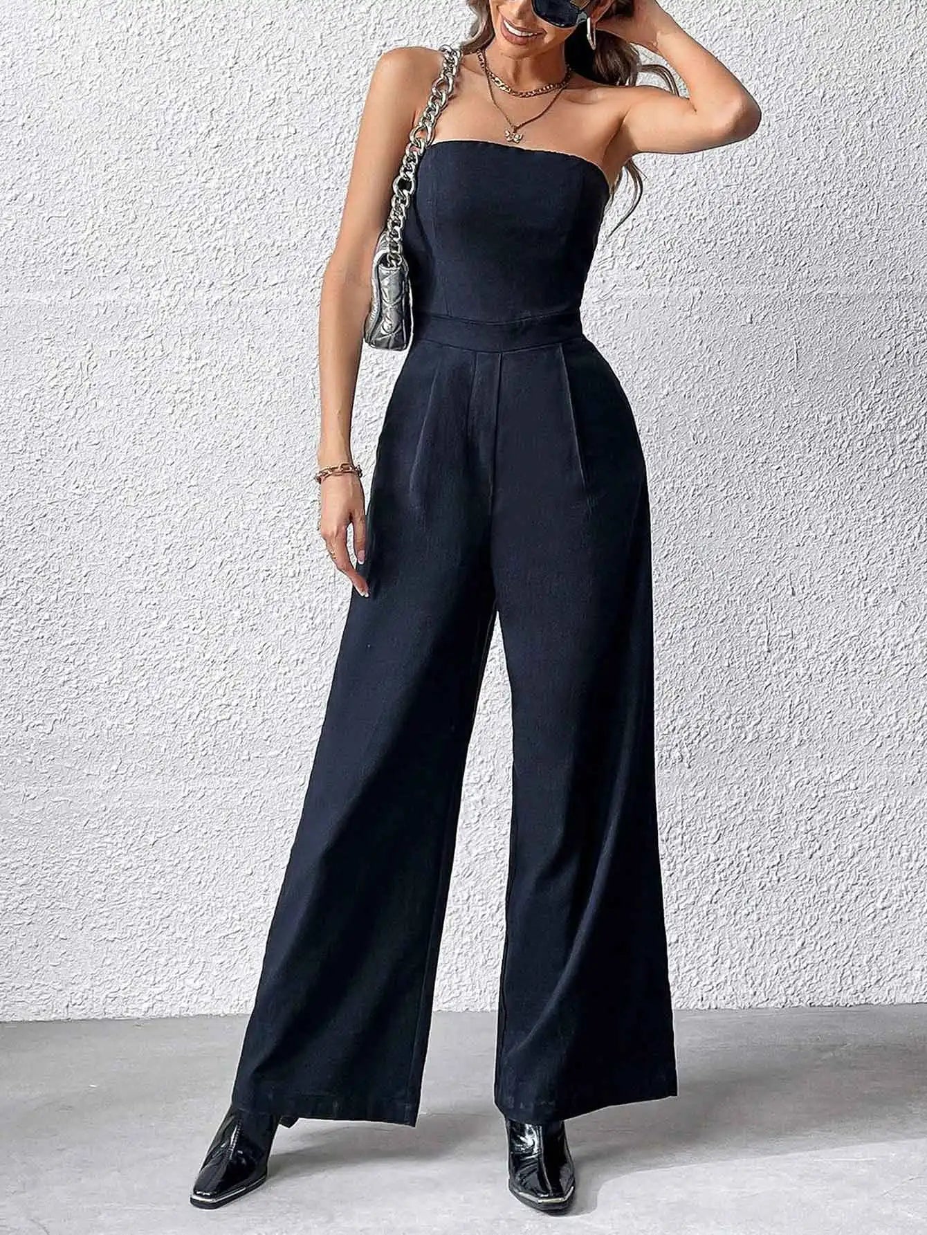 TRZA-Strapless Wide Leg Jumpsuits for Women, Side Pockets, Back Zipper, Female Playsuits, Fashion
