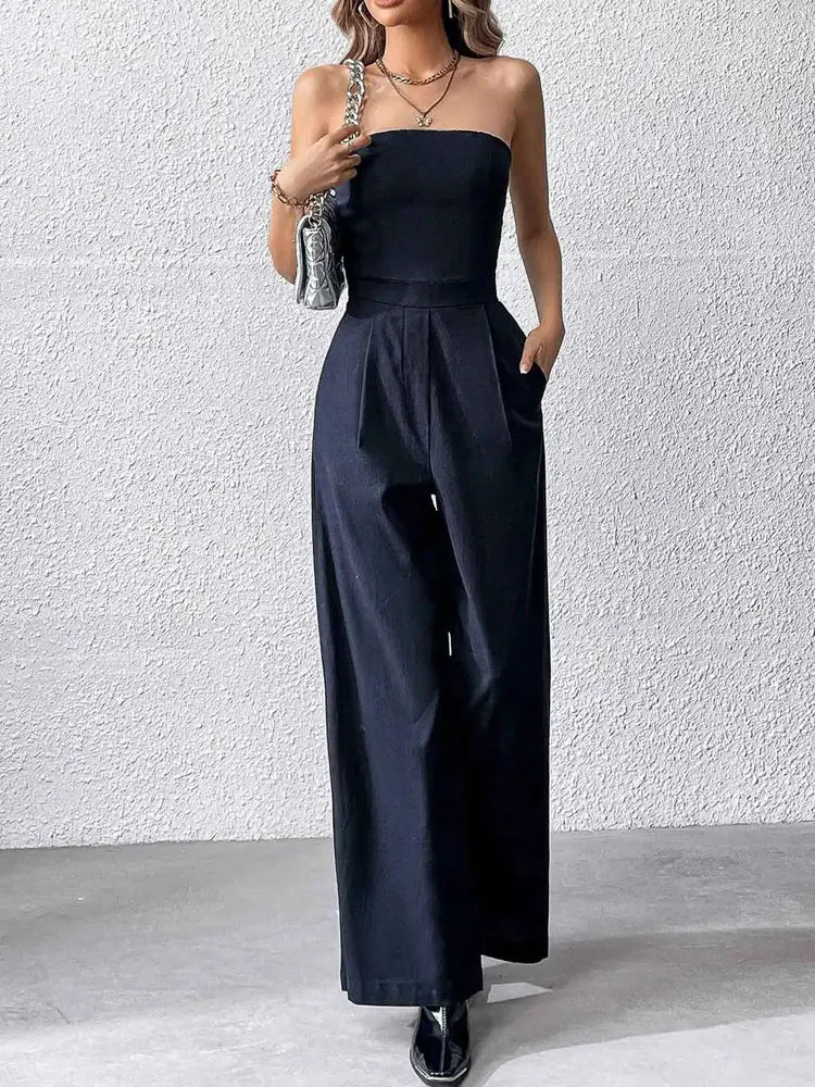 TRZA-Strapless Wide Leg Jumpsuits for Women, Side Pockets, Back Zipper, Female Playsuits, Fashion