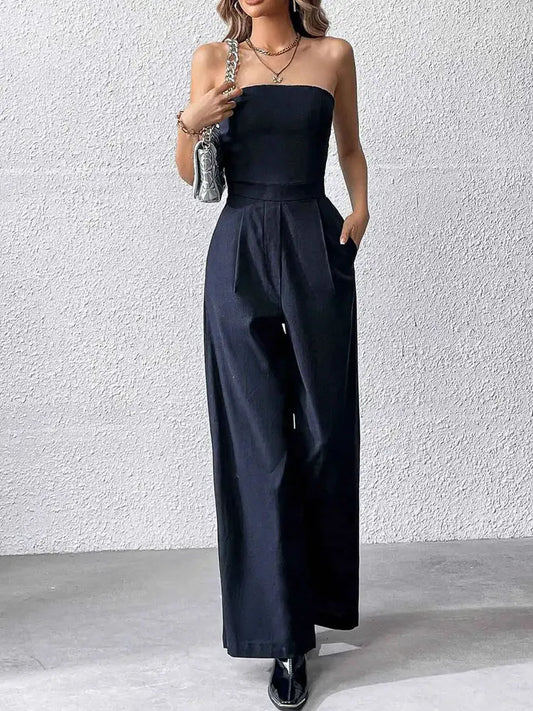 TRZA-Strapless Wide Leg Jumpsuits for Women, Side Pockets, Back Zipper, Female Playsuits, Fashion