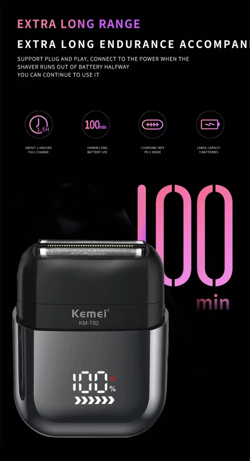 Kemei KM-T82 Usb Reciprocating Electric Shaver Washable Digital Display Professional Electric Portable Travel beard trimmer