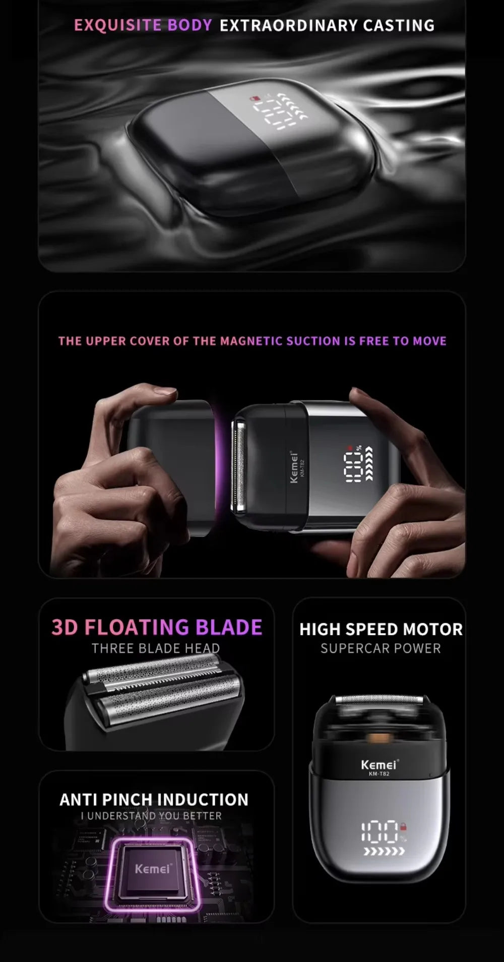 Kemei KM-T82 Usb Reciprocating Electric Shaver Washable Digital Display Professional Electric Portable Travel beard trimmer