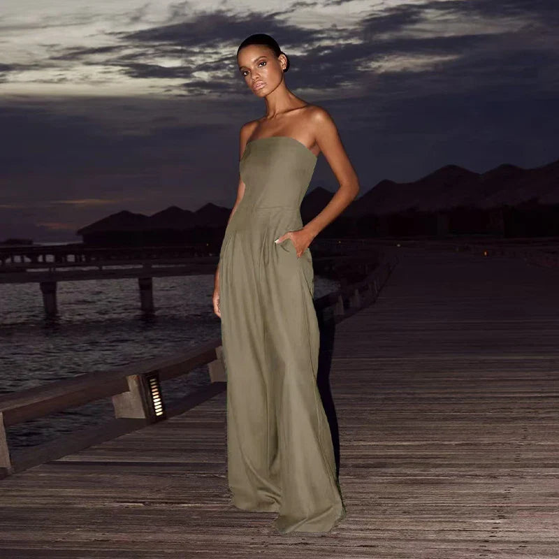 Solid Backless Women's Jumpsuit Solid Off Shoulder Waist Cinching Pockets Wide Leg Pants Lady Bodysuit Summer Female Outwears