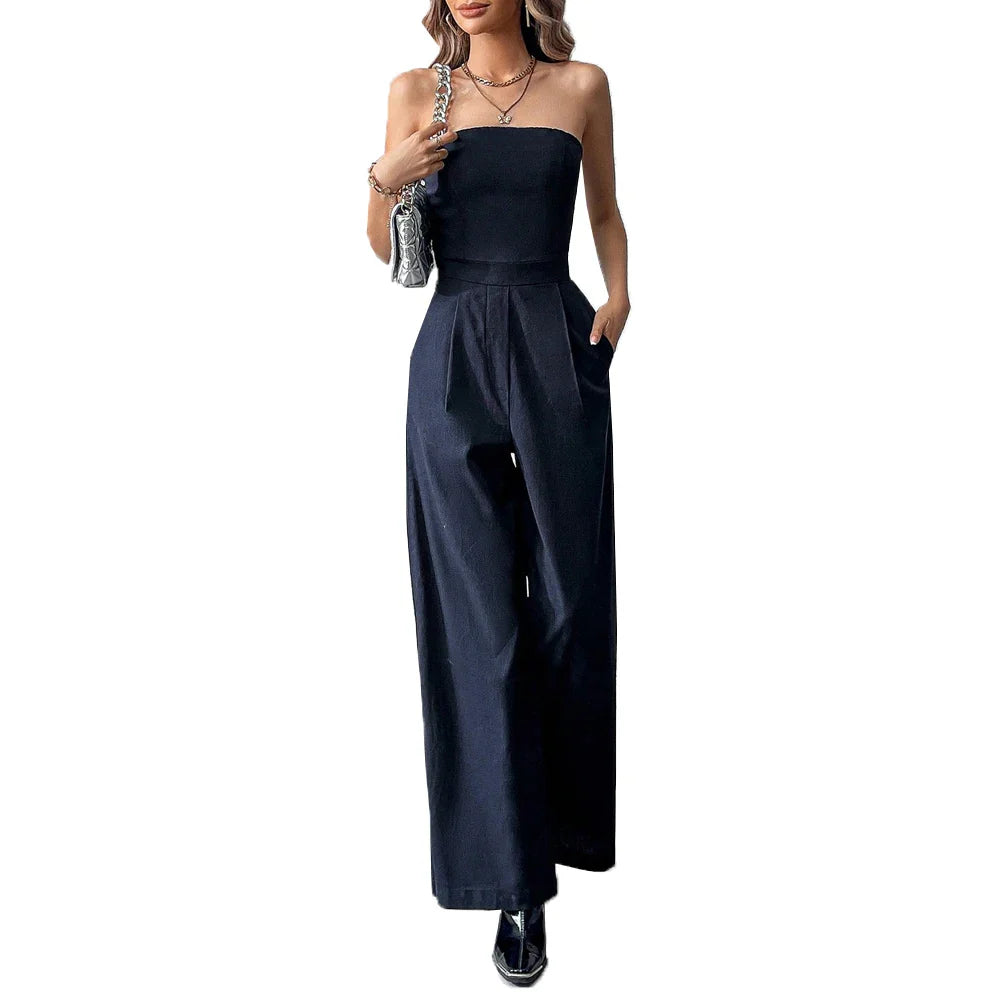 TRZA-Strapless Wide Leg Jumpsuits for Women, Side Pockets, Back Zipper, Female Playsuits, Fashion