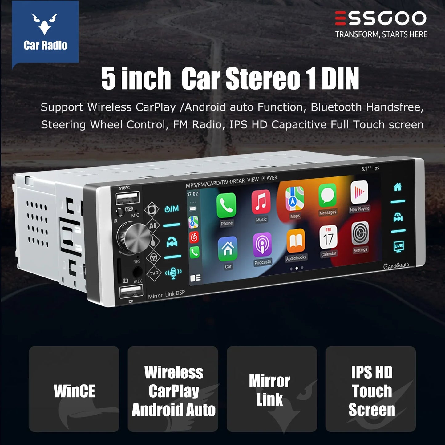 ESSGOO Single DIN Car Stereo Head Unit Wireless Carplay Android Auto 5" HD Touch Screen Bluetooth USB AUX-IN TF FM MP5 Player